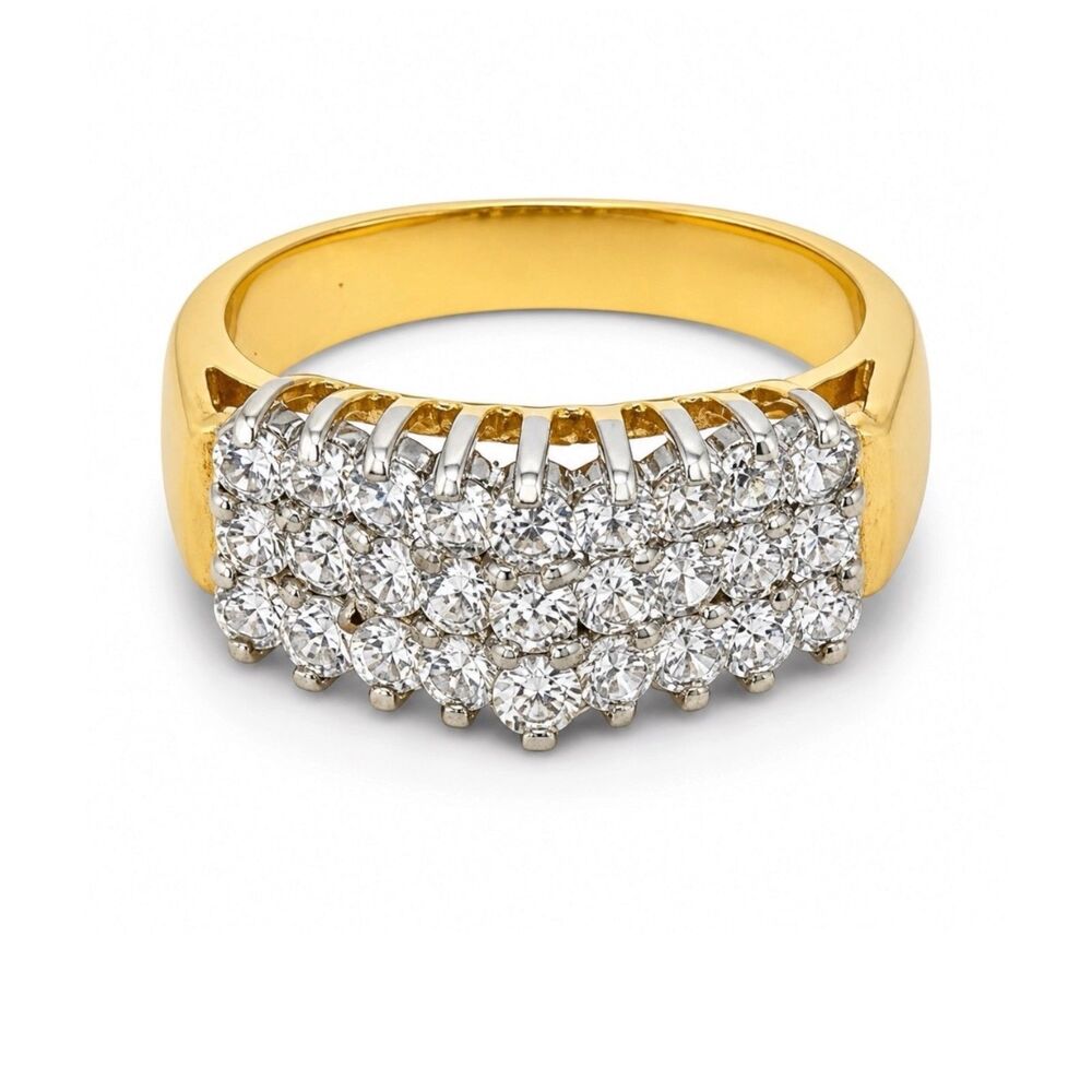 Vintage 1980s Ring Size 5 CZ Cluster Three Row Prong Set Gold Plated - 14M